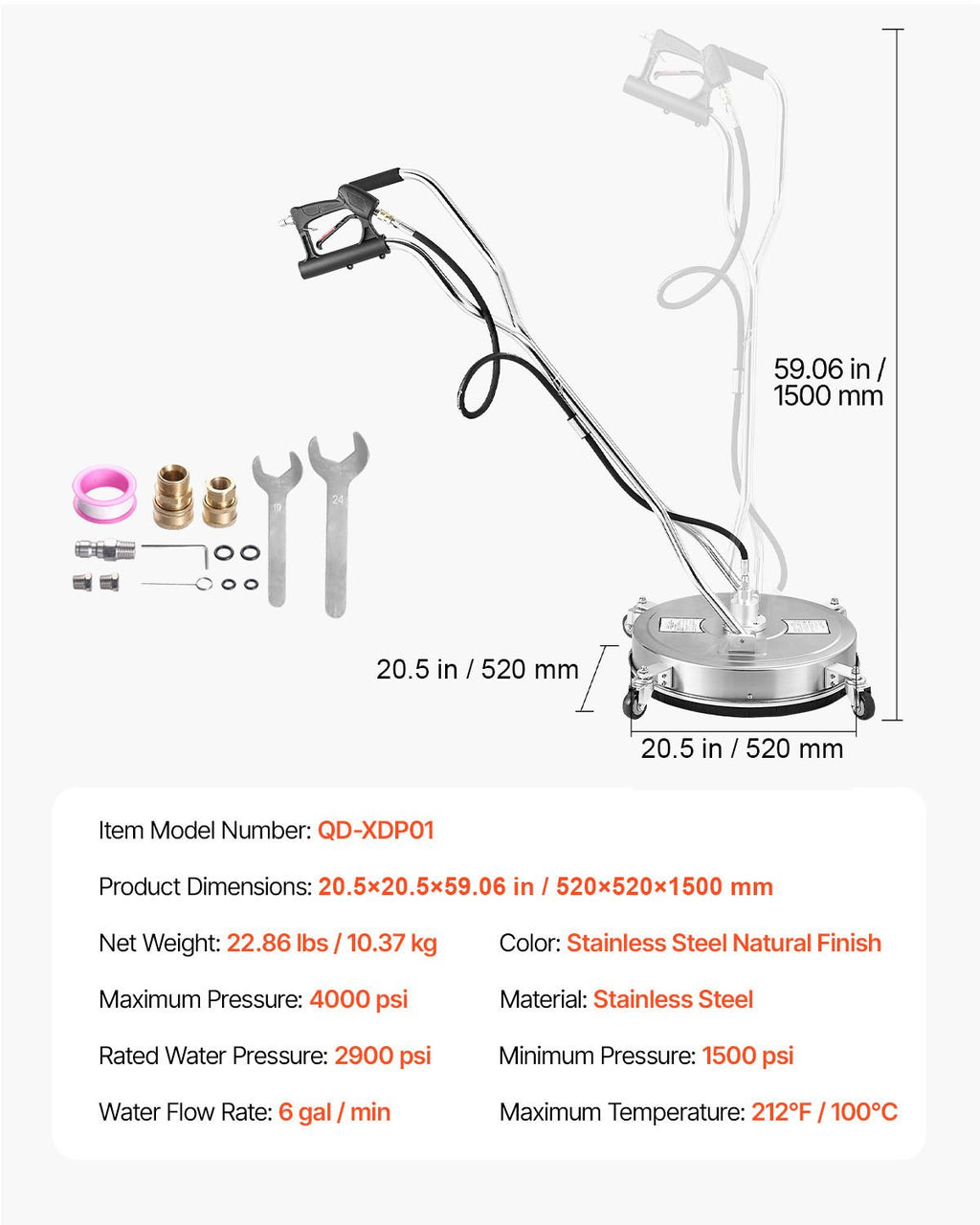 Aukšto slėgio plovimo įrenginio paviršių valiklis VEVOR QD-XDP01, 50,8 cm