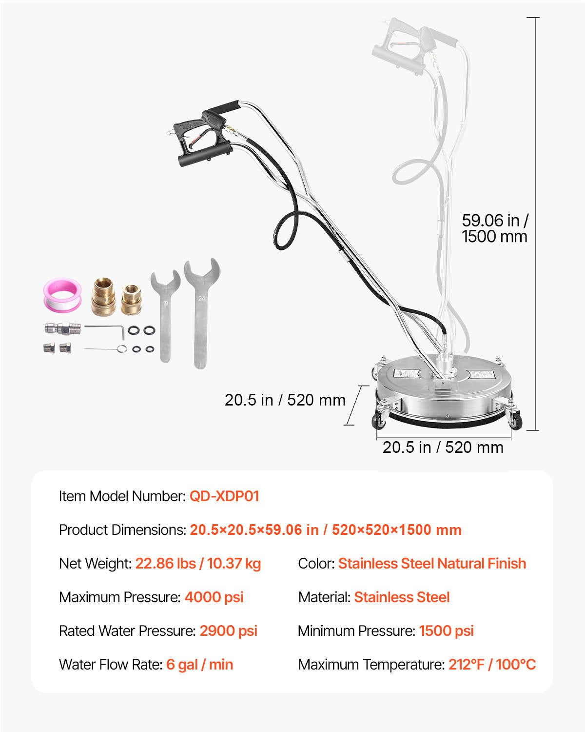 Aukšto slėgio plovimo įrenginio paviršių valiklis VEVOR QD-XDP01, 50,8 cm