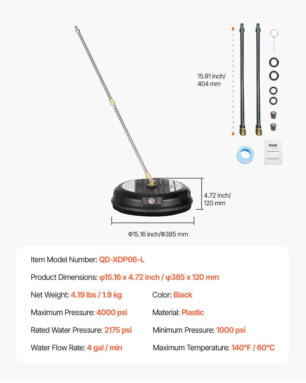 Aukšto slėgio plovimo paviršių valytuvas VEVOR QD-XDP06-L, 38 cm