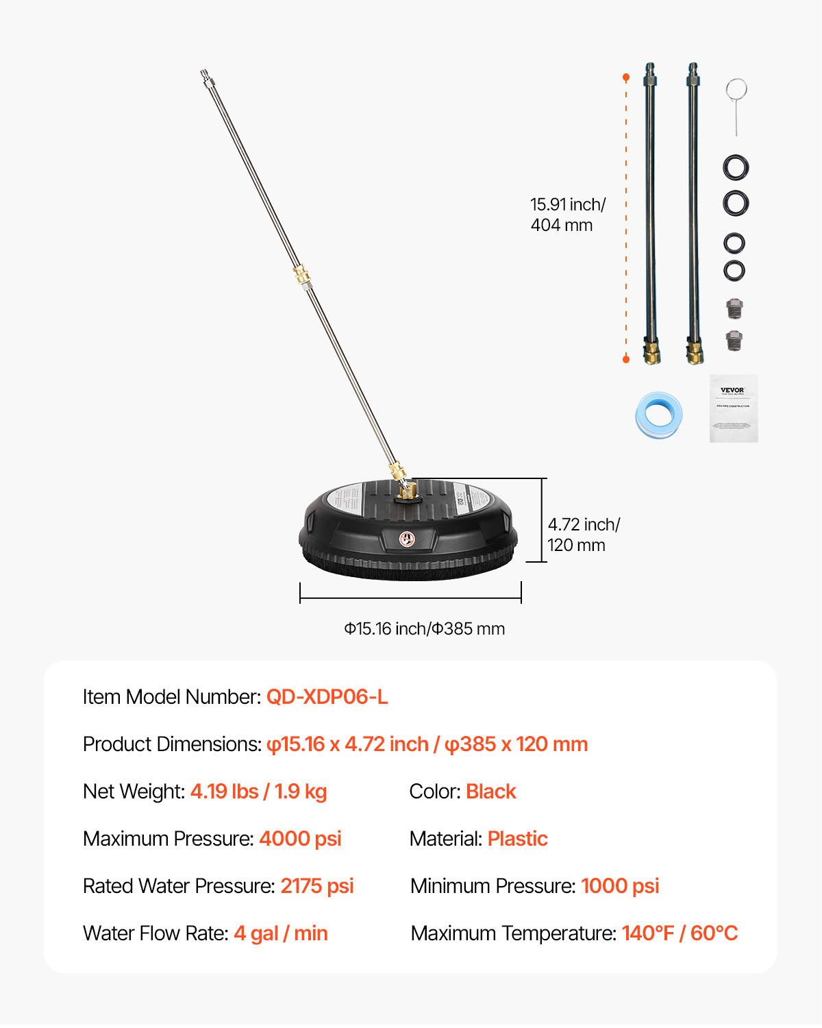 Aukšto slėgio plovimo paviršių valytuvas VEVOR QD-XDP06-L, 38 cm