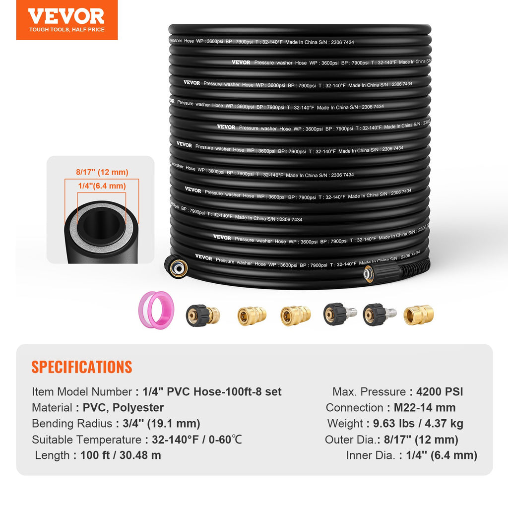 Aukšto slėgio plovimo įrenginio žarna VEVOR 1/4" PVC Hose-100ft-8 set, 30,5 m