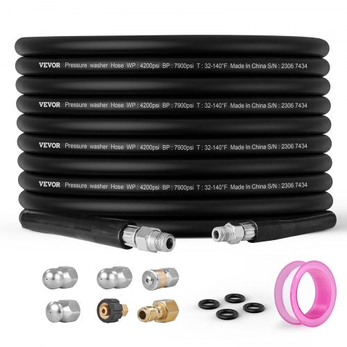 Aukšto slėgio plovimo žarna VEVOR 1/4" PE Hose-100ft-7 set, 30,5 m