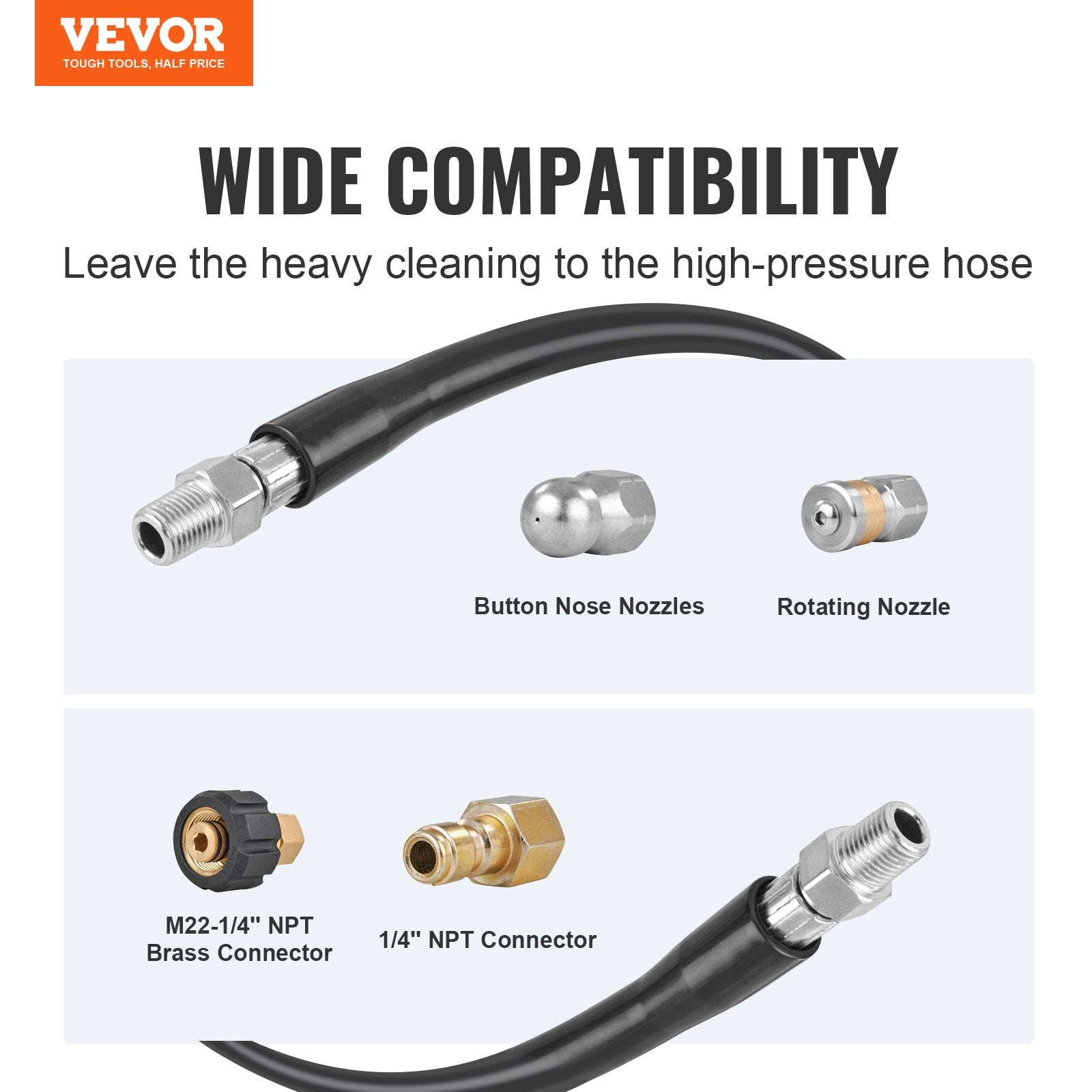 Aukšto slėgio plovimo žarna VEVOR 1/4" PE Hose-100ft-7 set, 30,5 m
