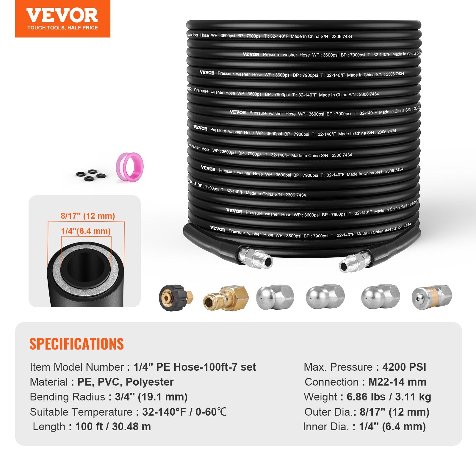 Aukšto slėgio plovimo žarna VEVOR 1/4" PE Hose-100ft-7 set, 30,5 m