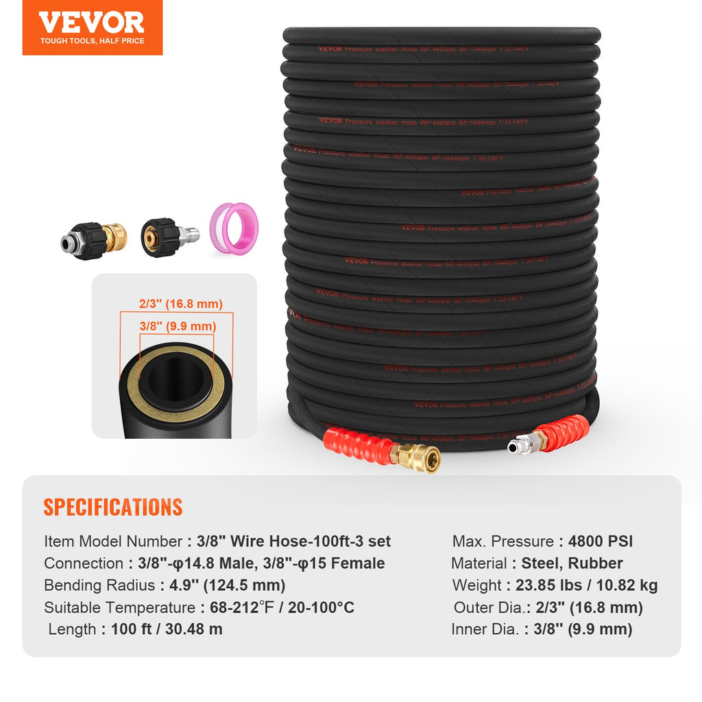 Aukšto slėgio plovimo žarna VEVOR 3/8" Wire Hose-100ft, 30,5 m
