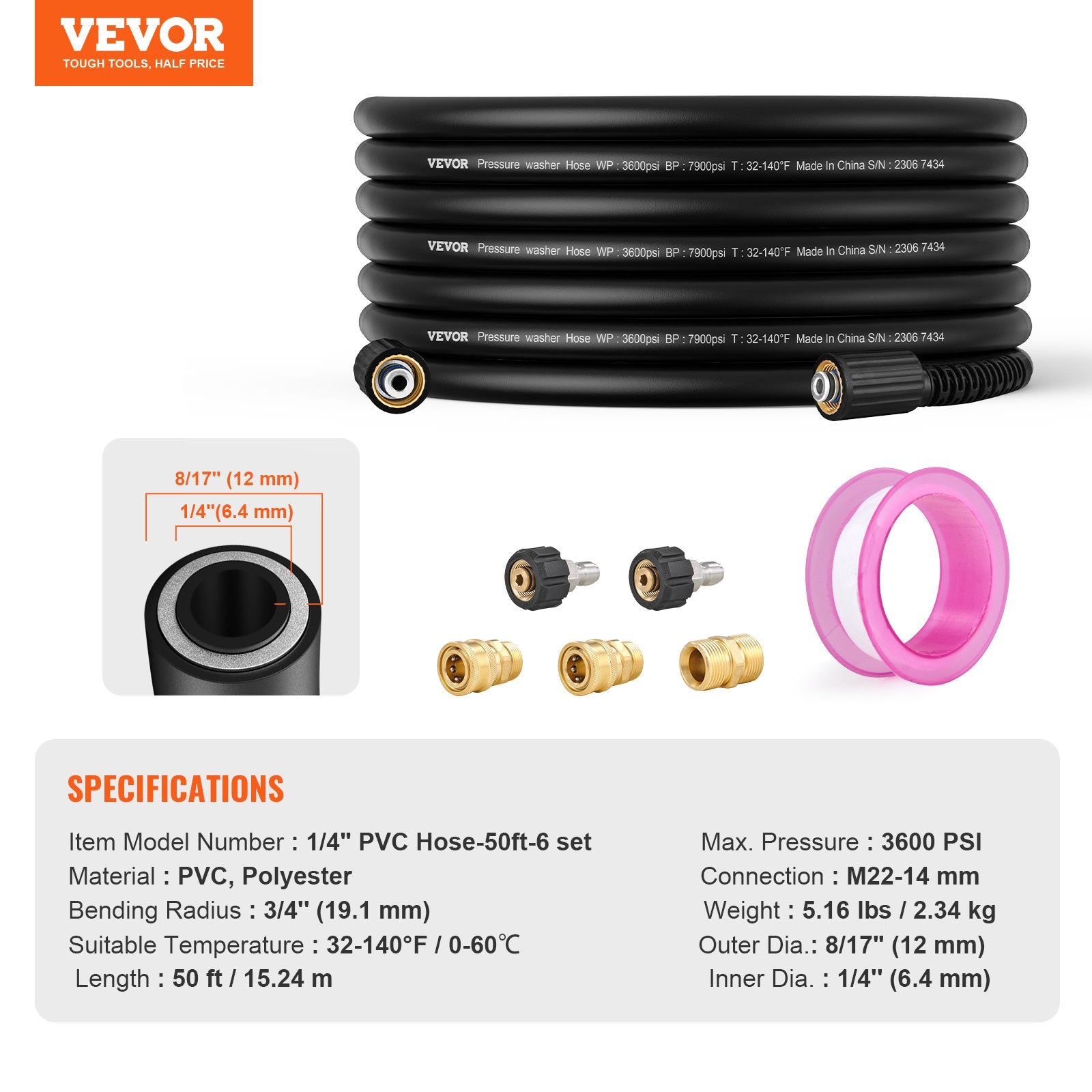 Aukšto slėgio plovimo įrenginio žarna VEVOR 1/4" PVC Hose-50ft-6 set, 15 m