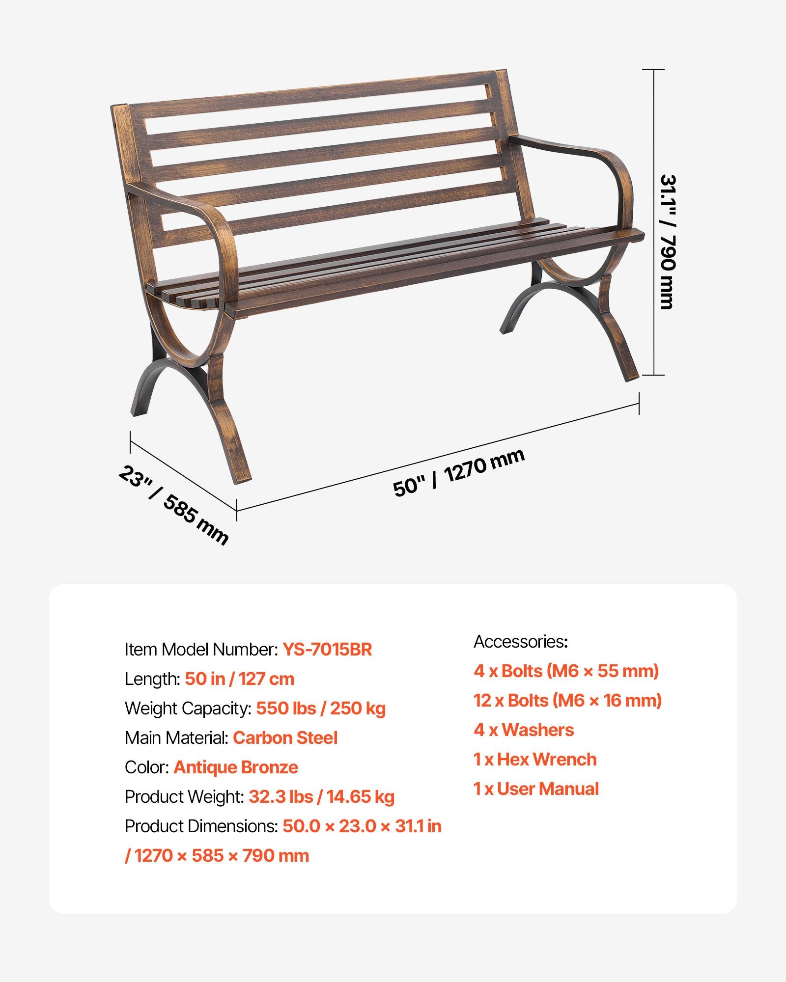 Lauko suolas VEVOR YS-7015BR, 127 cm