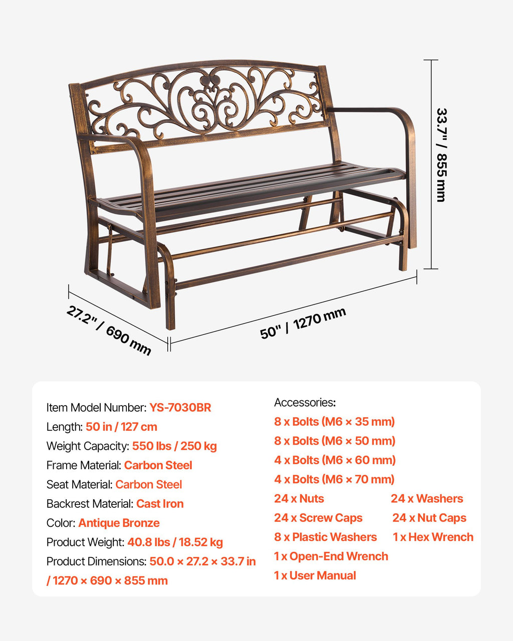 Lauko suolas-sūpynės VEVOR YS-7030BR, 127 cm