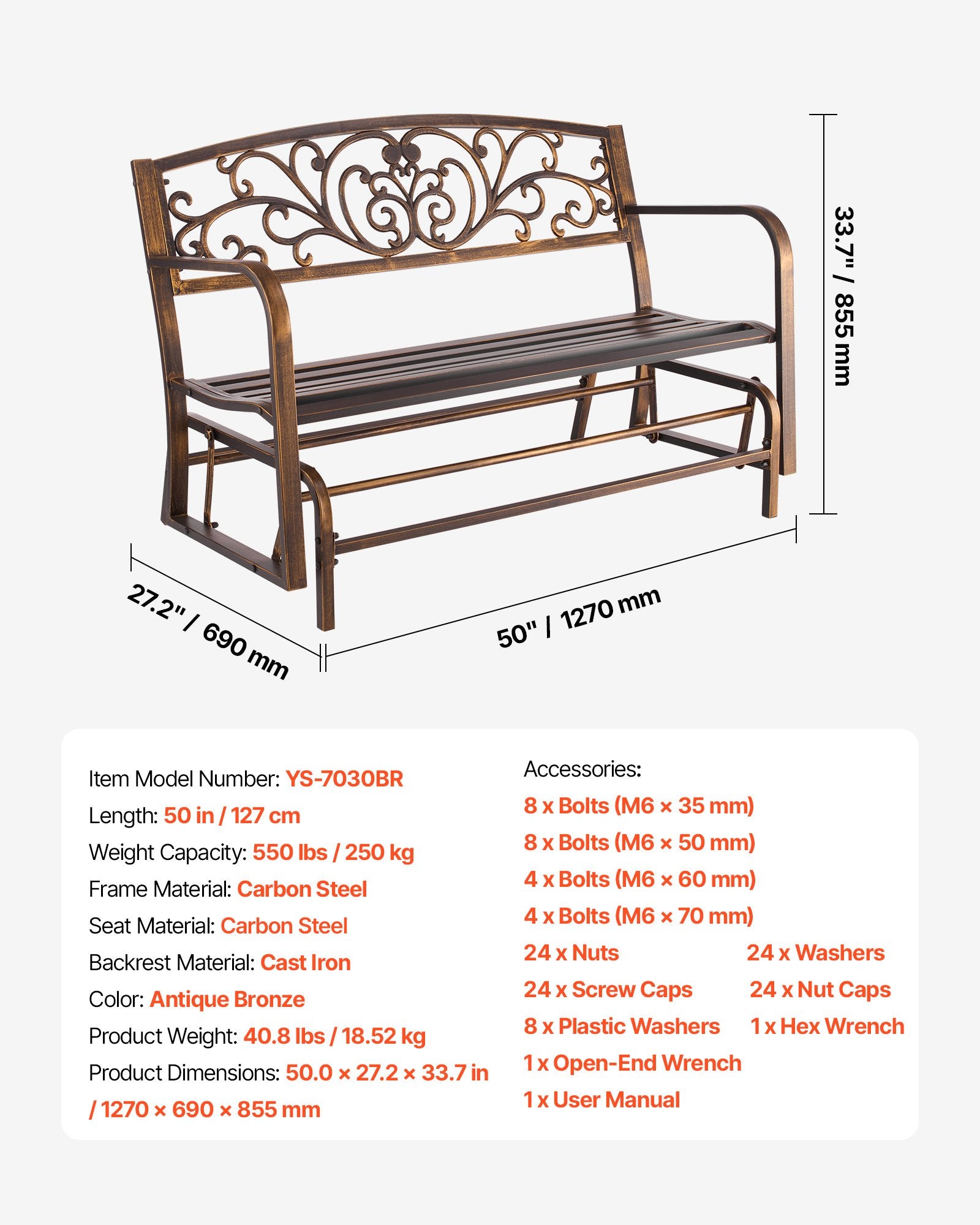 Lauko suolas-sūpynės VEVOR YS-7030BR, 127 cm