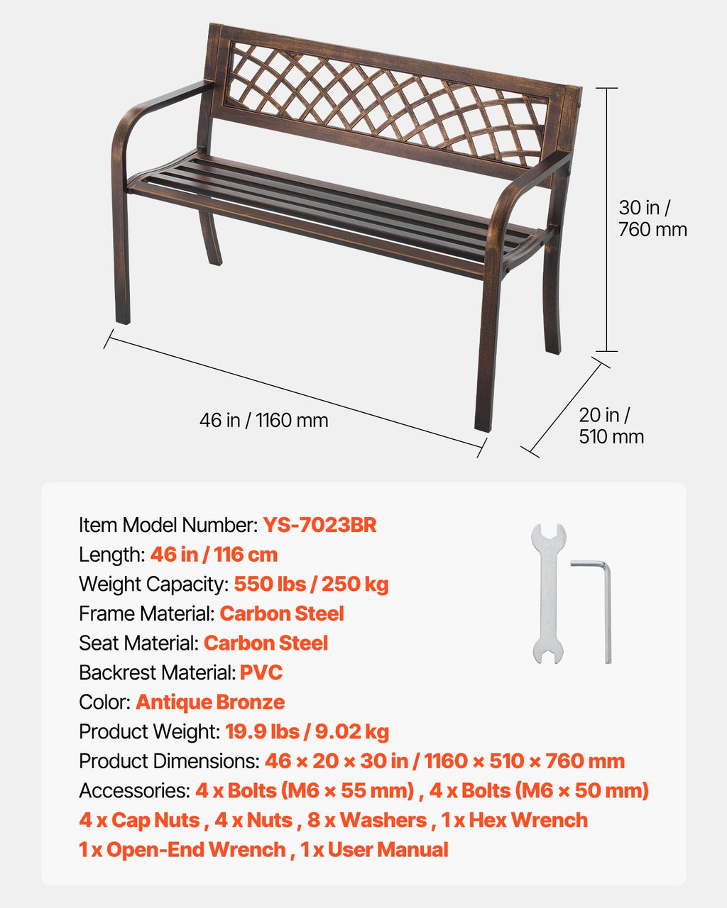 Lauko suolas VEVOR YS-7023BR, 116 cm