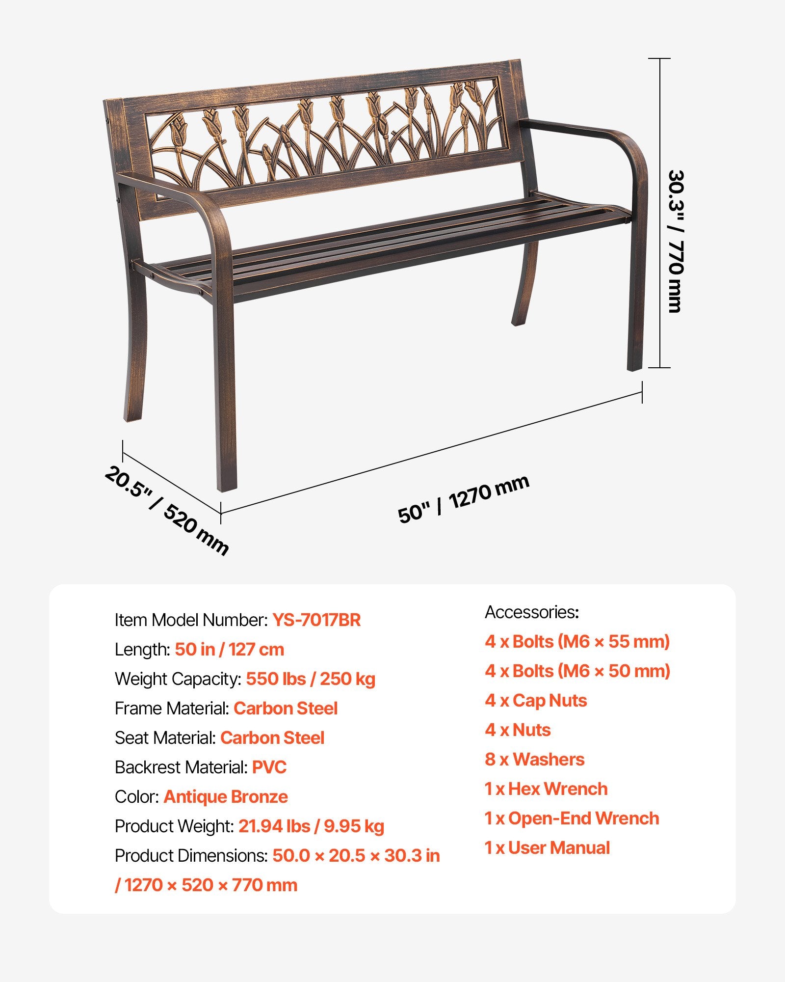 Lauko suolas VEVOR YS-7017BR, 127 cm