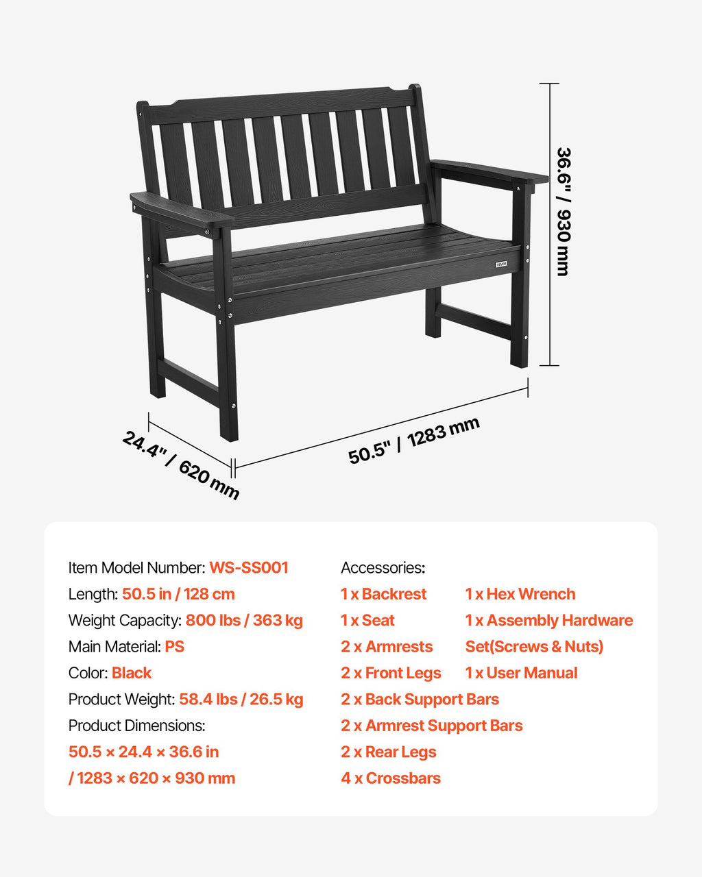 Lauko suolas VEVOR WS-SS001, 128 cm