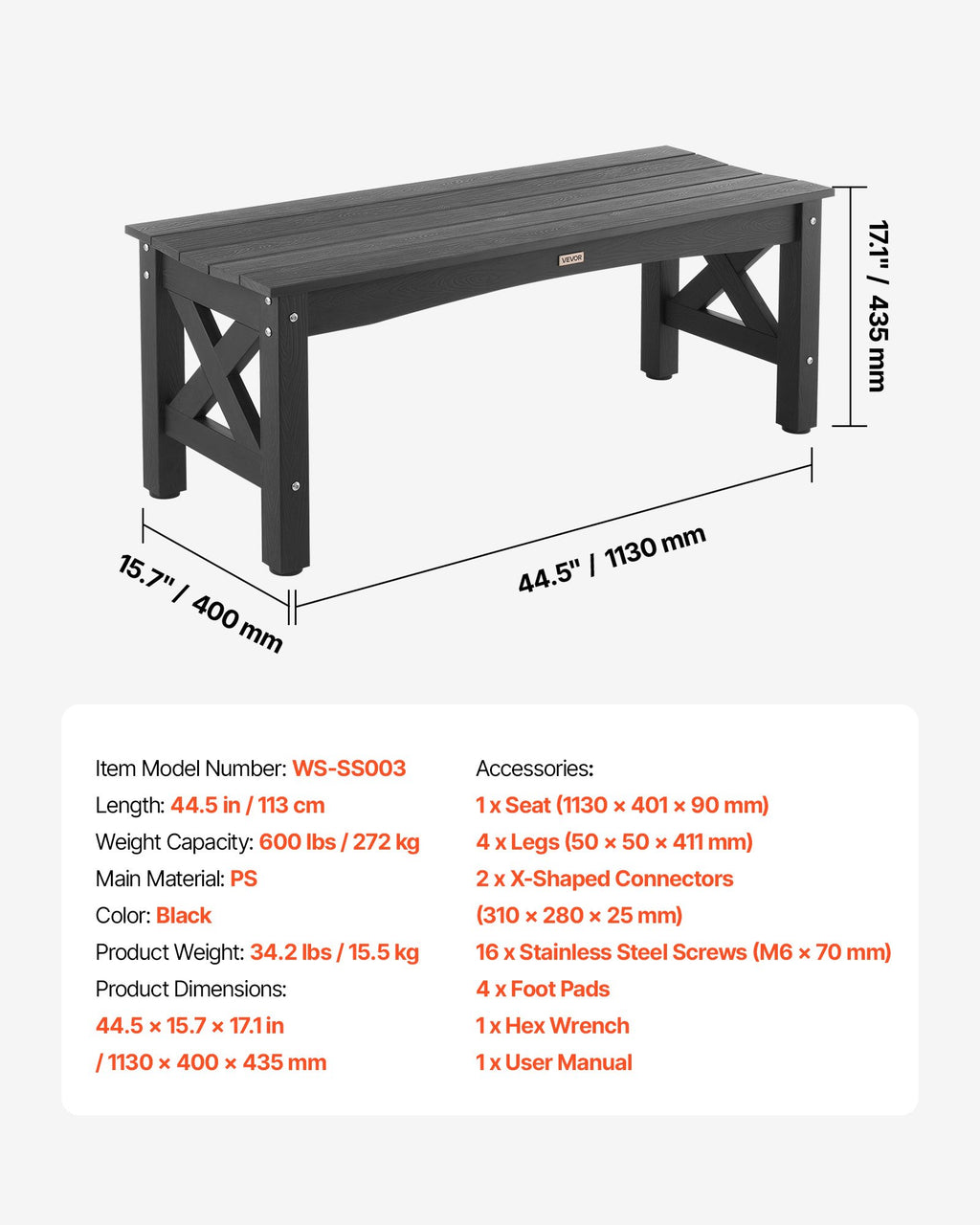 Lauko suolas VEVOR WS-SS003, 113 cm