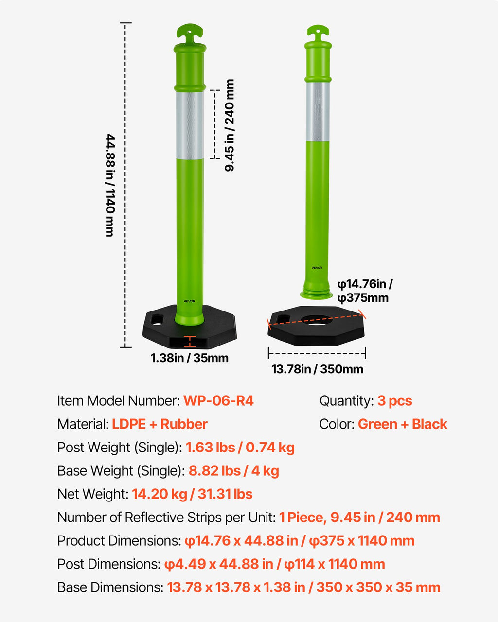 Kelio atitvarų stulpeliai VEVOR WP-06-R4, 1140 mm, 3 vnt.