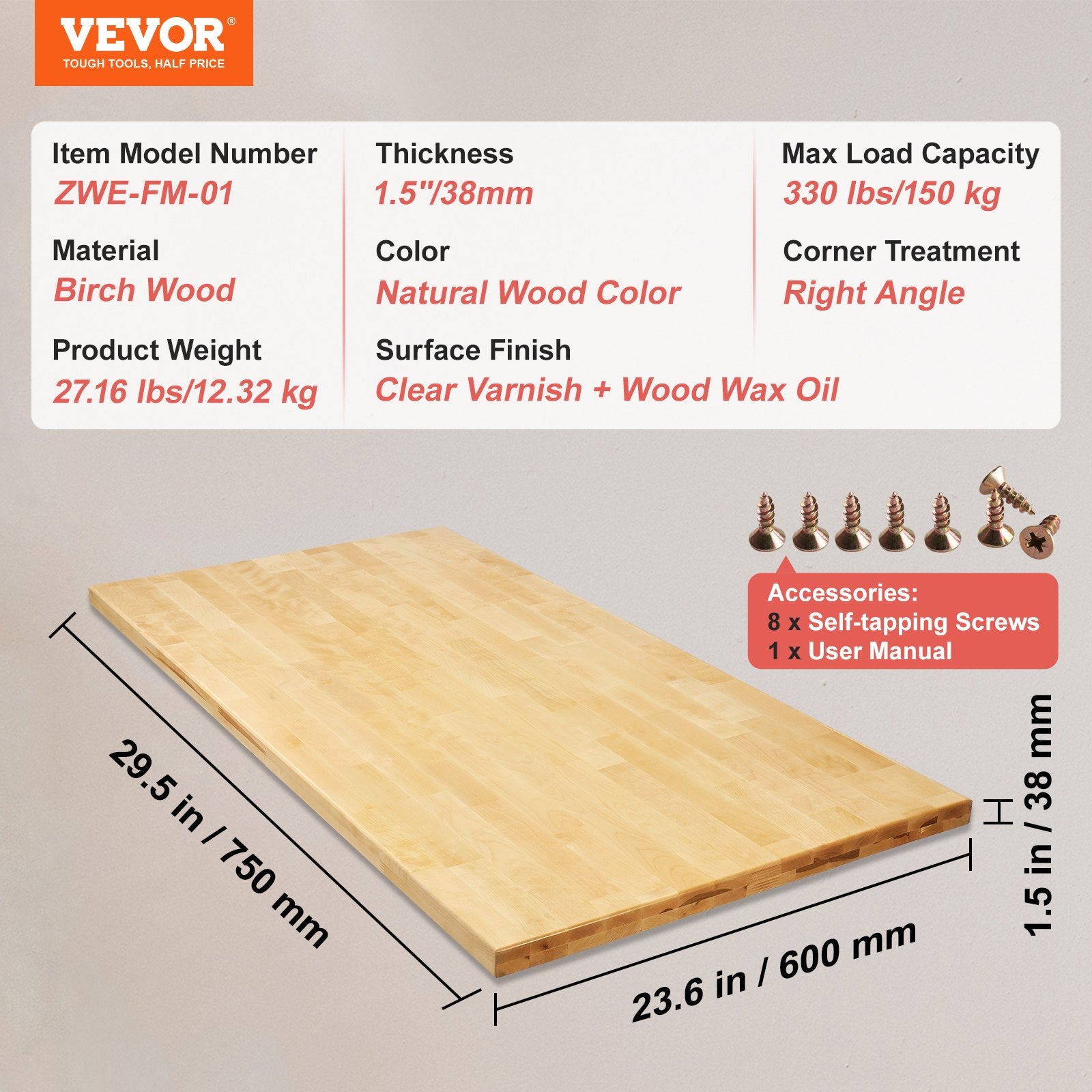 Medinis stalviršis VEVOR ZWE-FM-01, 750 x 600 mm