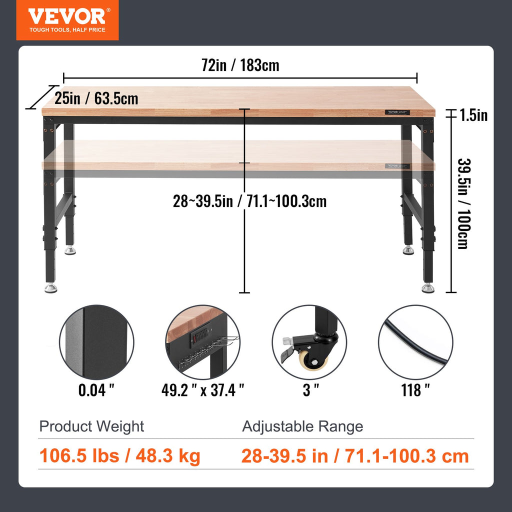 Reguliuojamo aukščio darbastalis VEVOR SHFGM7225, 1361 kg apkrova