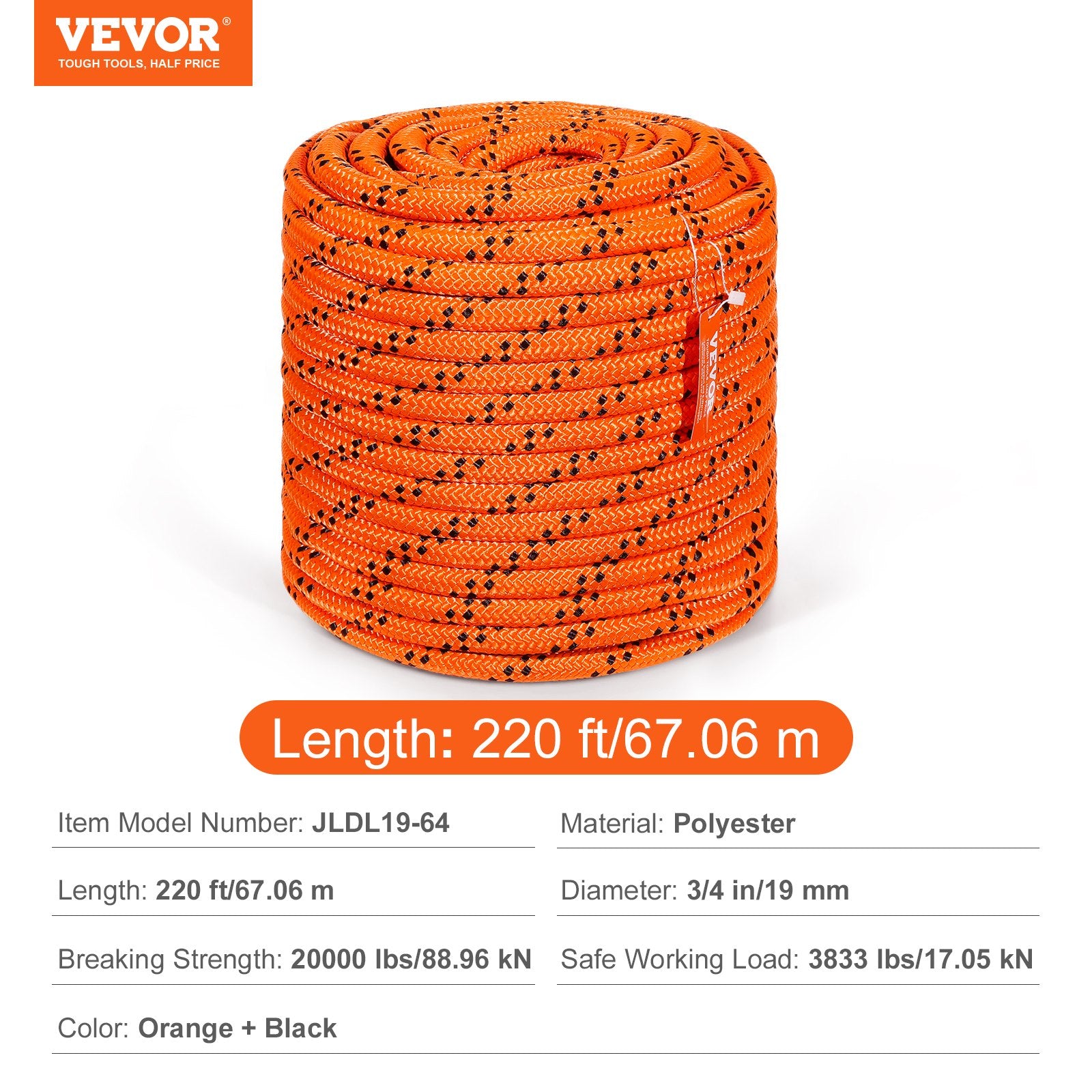 Arboristinė virvė VEVOR JLDL19-64, 19 mm x 67 m