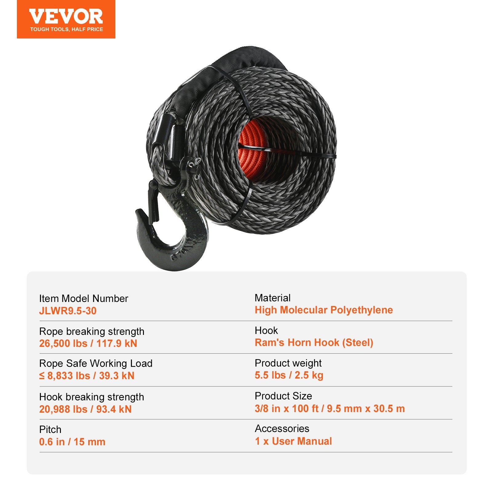 Sintetinis gervės trosas VEVOR JLWR9.5-30, 12 020 kg