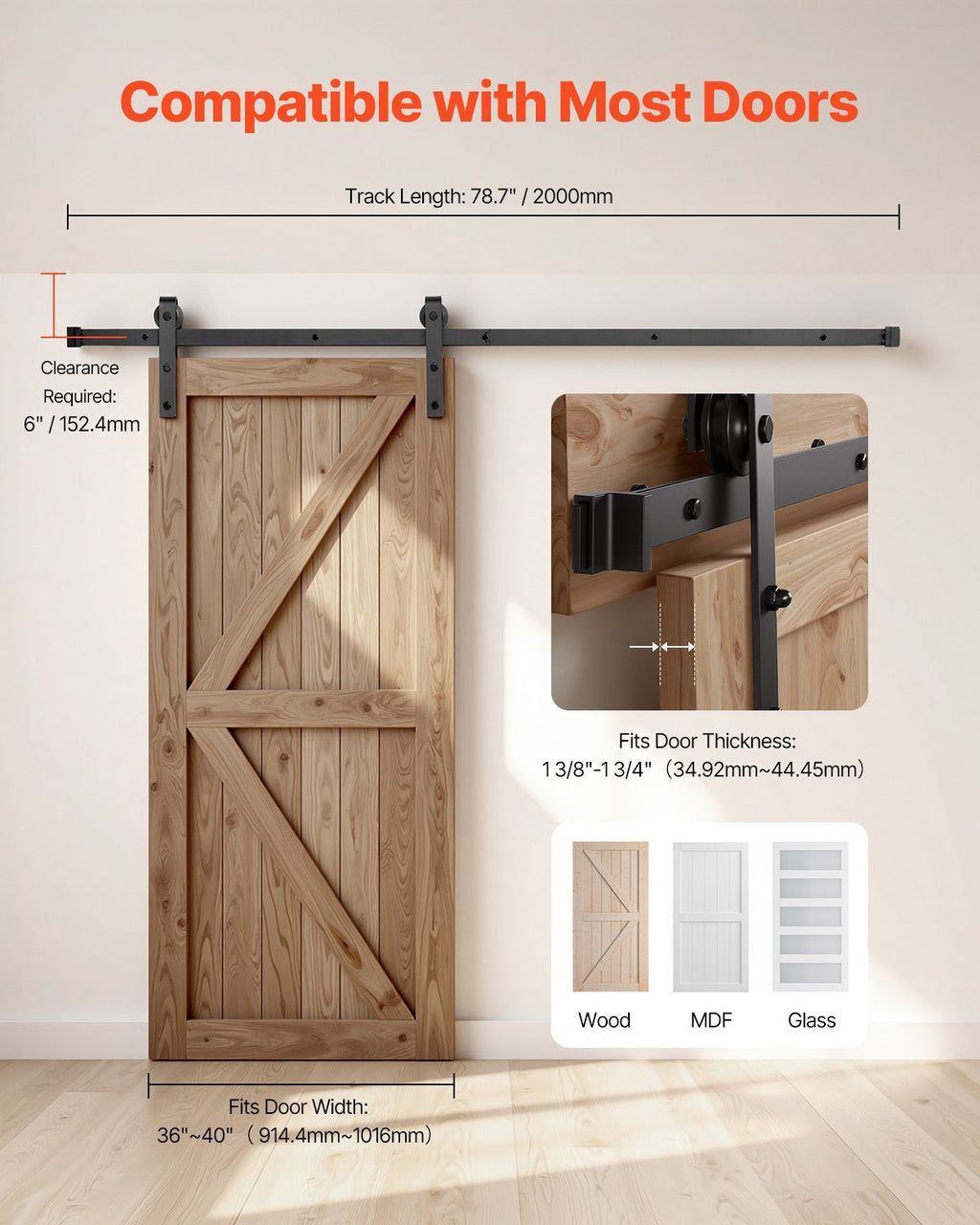 Stumdomų durų mechanizmas VEVOR 6.6FT-2D-5K-H, 150 kg keliamoji galia