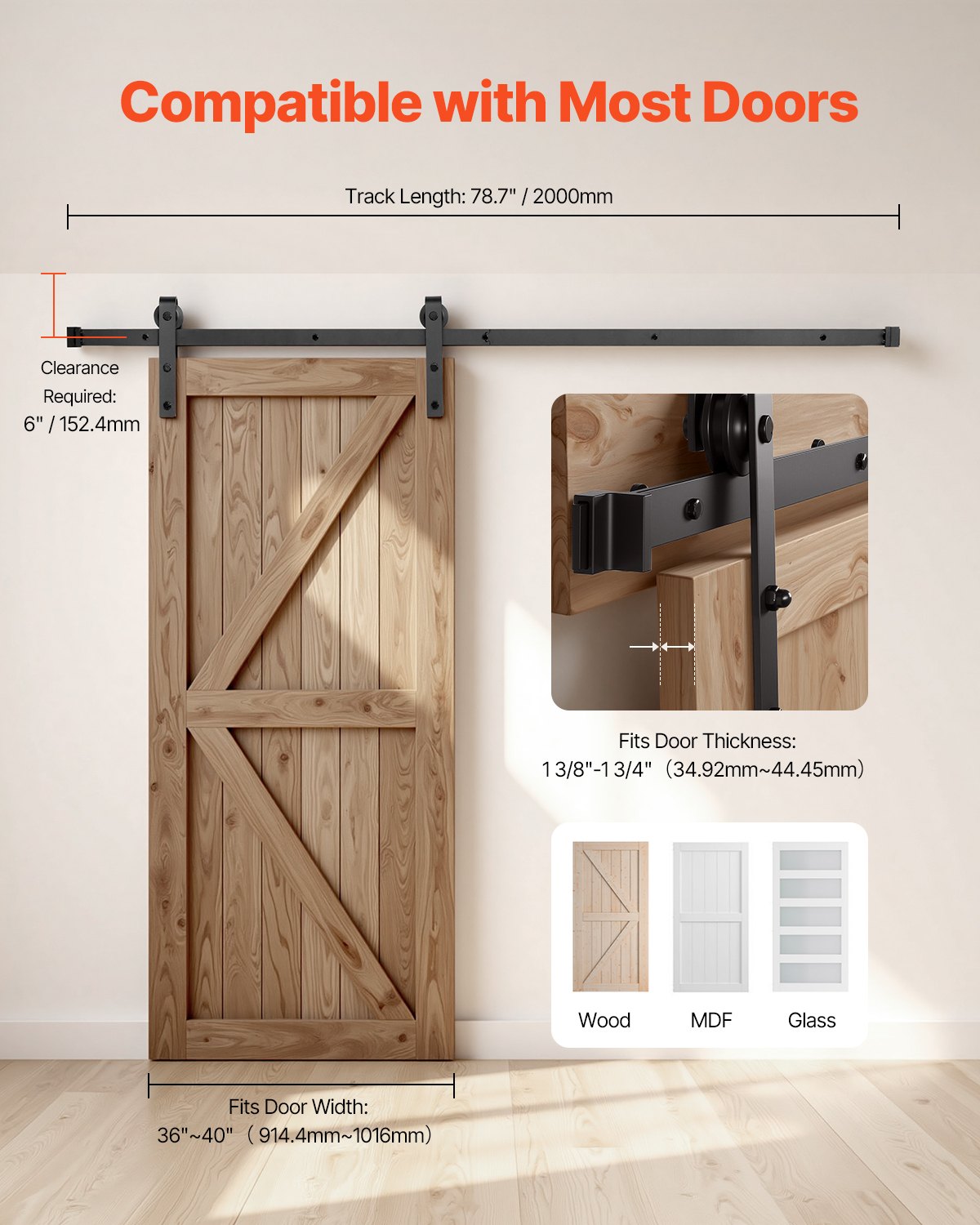 Stumdomų durų mechanizmas VEVOR 6.6FT-2D-5K-H, 150 kg keliamoji galia