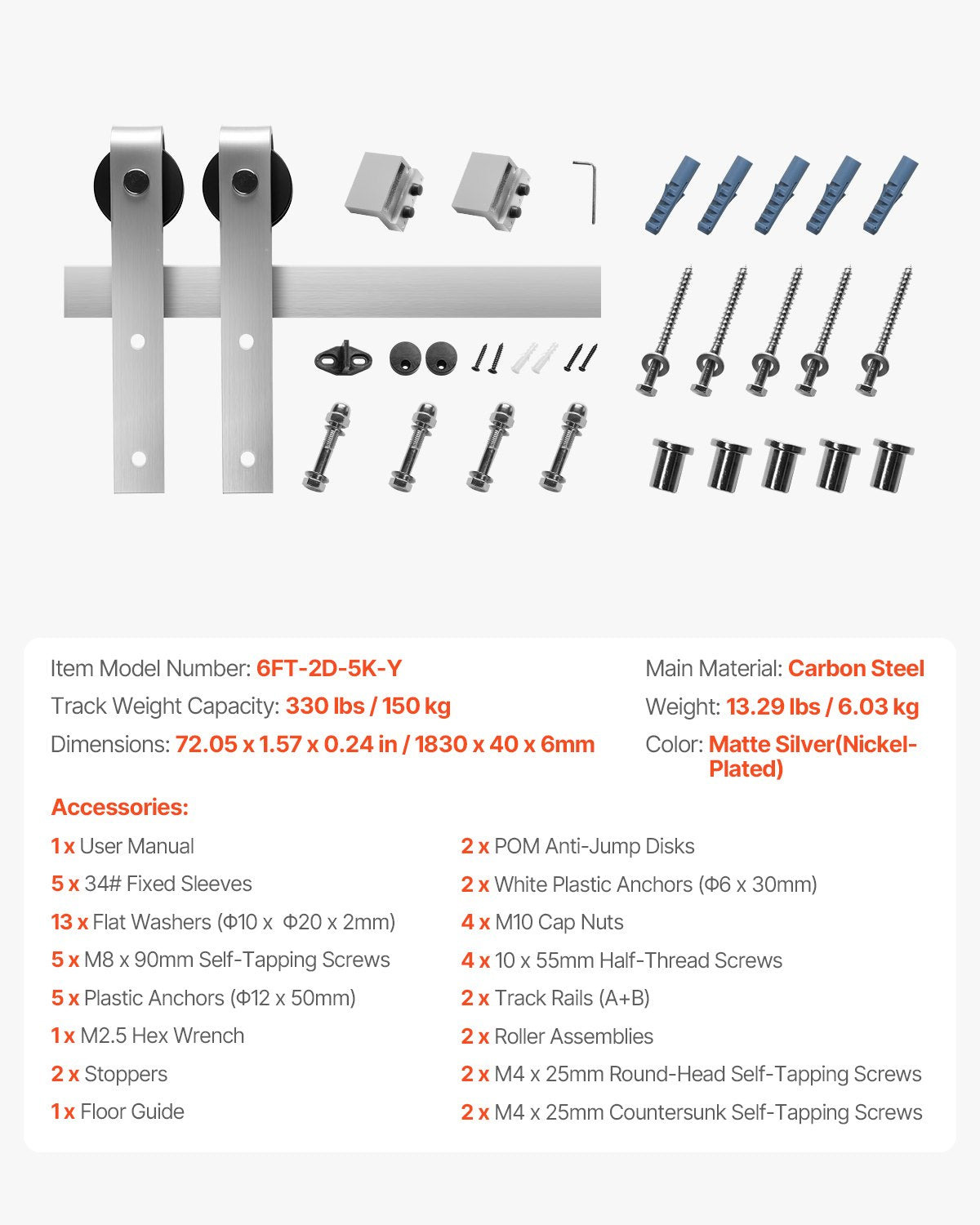 Stumdomų durų mechanizmas VEVOR 6FT-2D-5K-Y, 150 kg keliamoji galia
