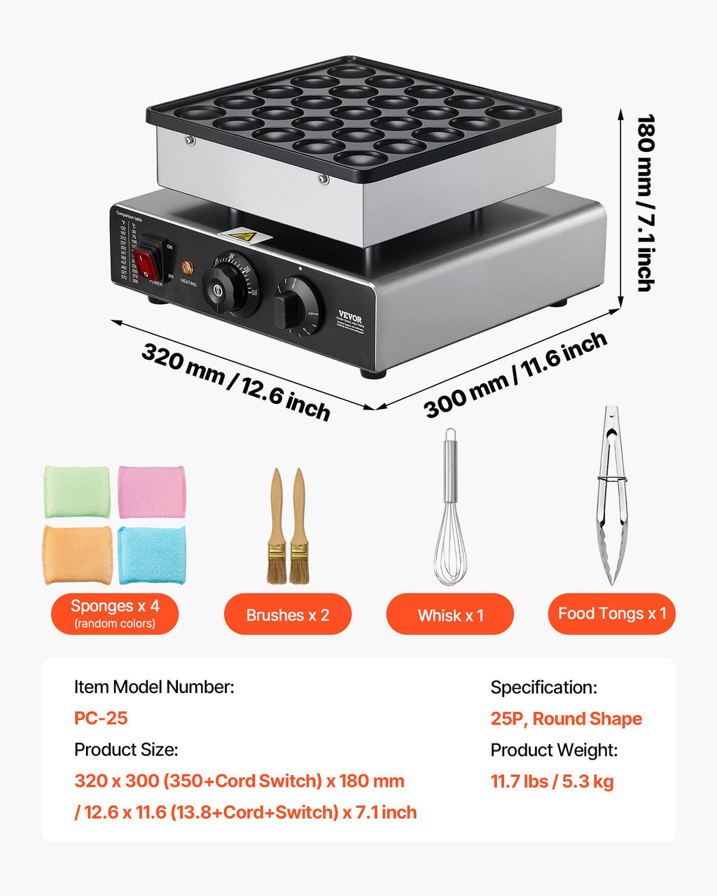 Mini blynelių keptuvė VEVOR PC-25, 25 vnt. (43 mm)