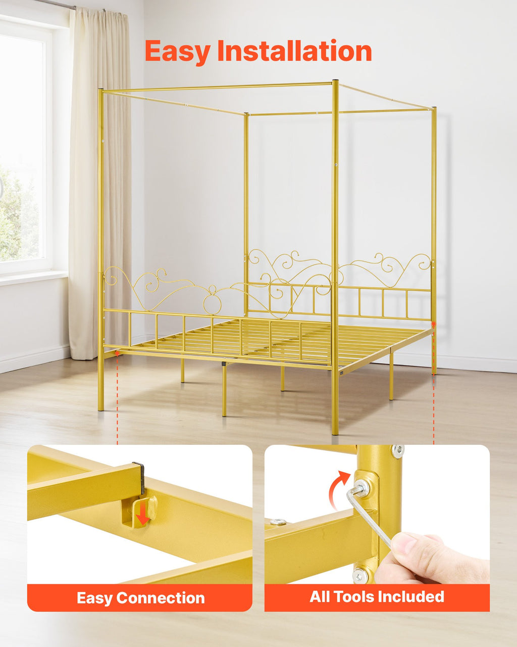 Lovos rėmas su baldakimu VEVOR SSHGC-06, Queen size (155x211 cm)