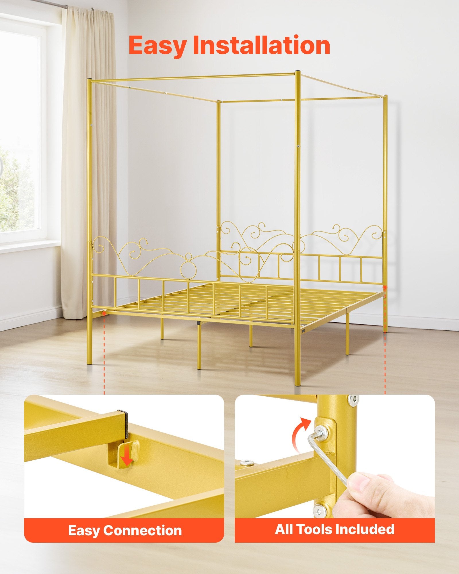 Lovos rėmas su baldakimu VEVOR SSHGC-06, Queen size (155x211 cm)