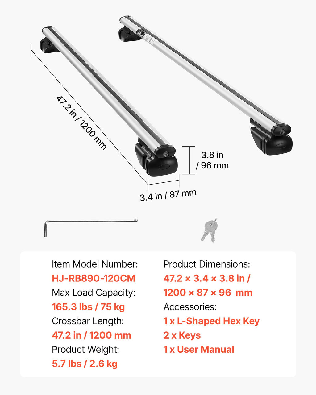 Stogo bagažinės skersiniai VEVOR HJ-RB890-120CM, 75 kg apkrova