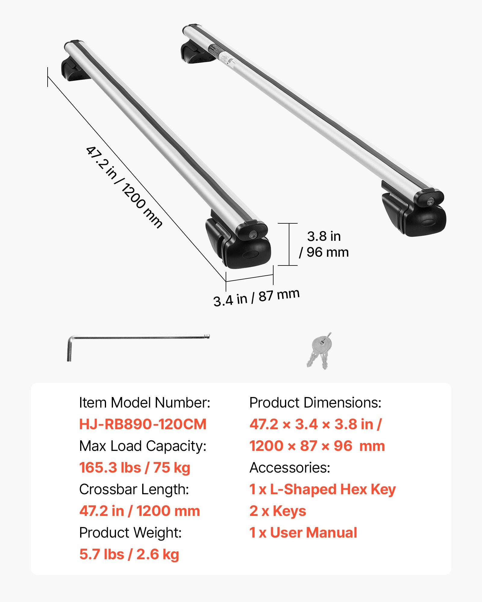 Stogo bagažinės skersiniai VEVOR HJ-RB890-120CM, 75 kg apkrova
