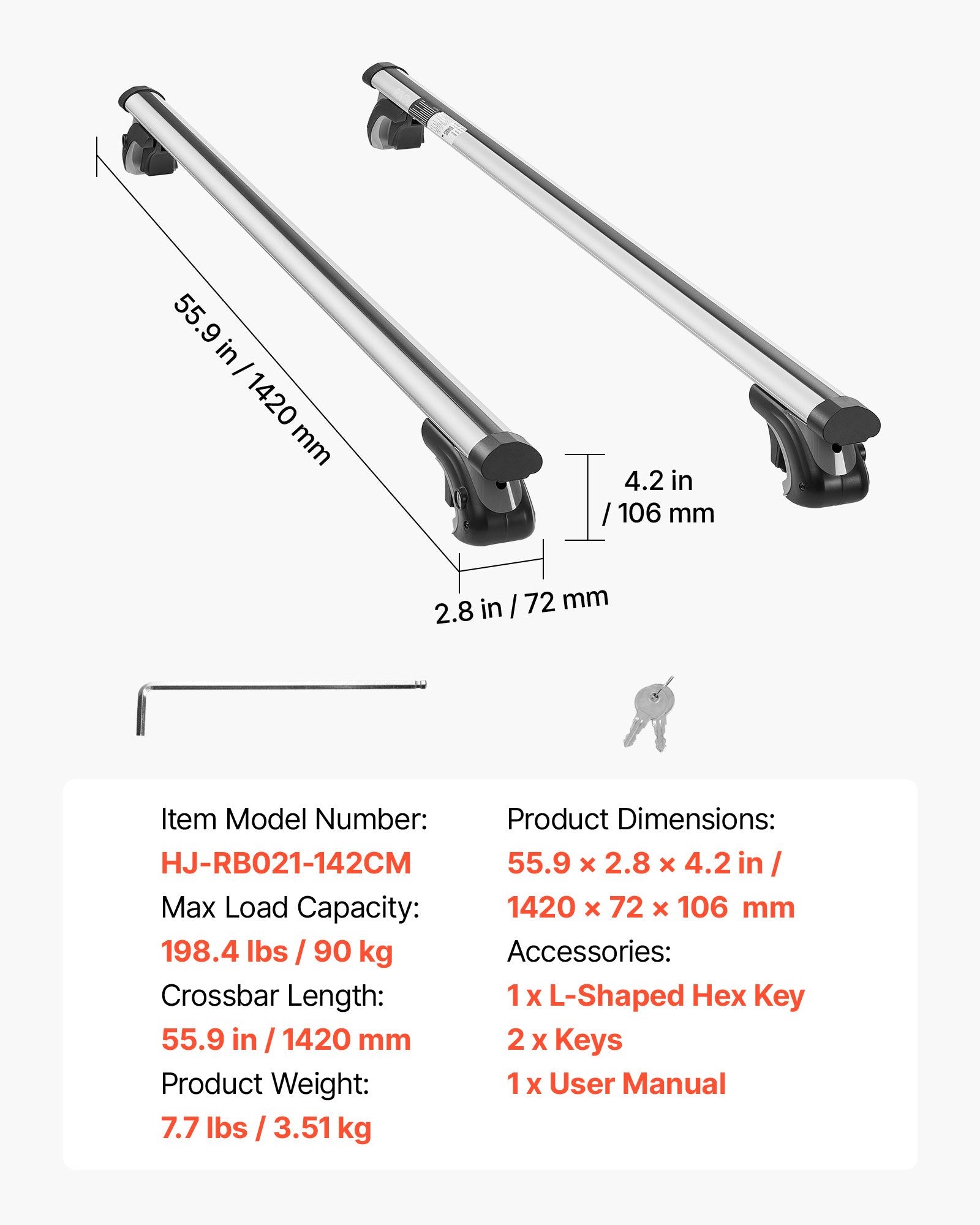Stogo bagažinės skersiniai VEVOR HJ-RB021-142CM, 90 kg keliamoji galia