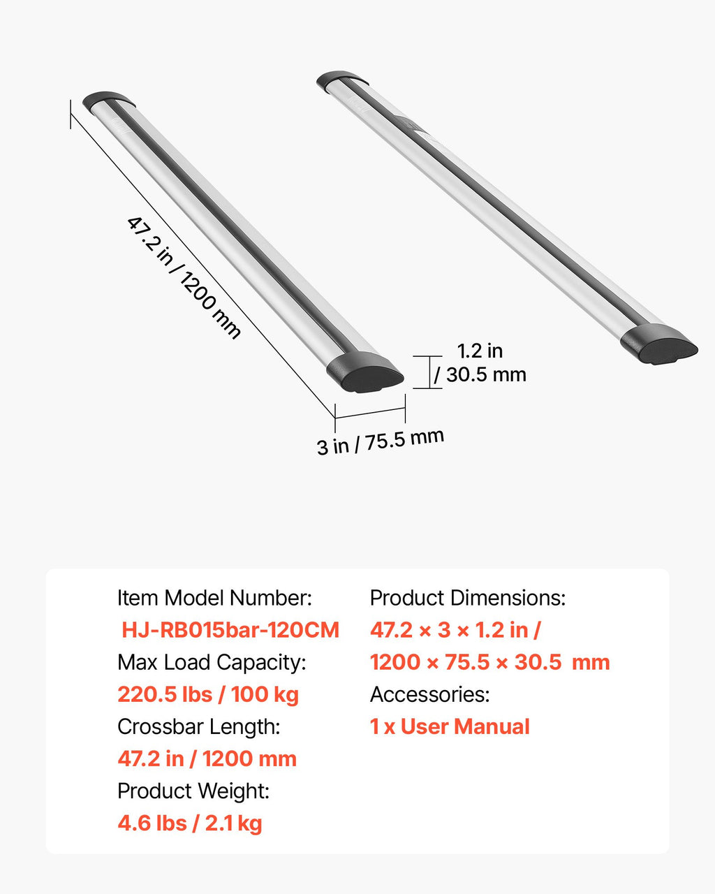 Stogo bagažinės skersiniai VEVOR HJ-RB015bar-120CM, 1200 mm