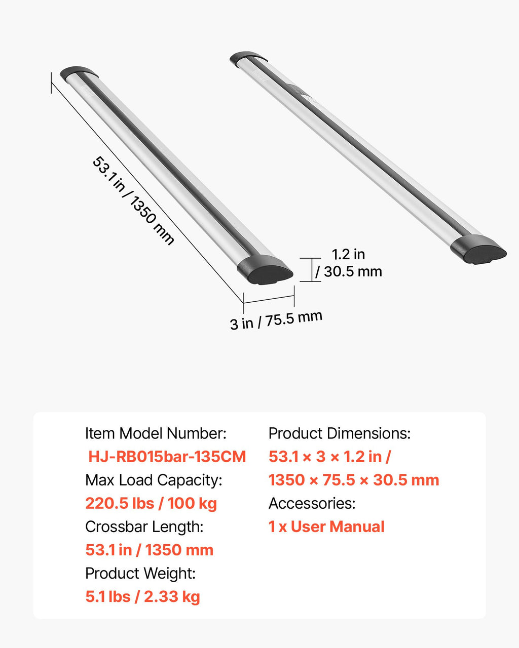 Stogo bagažinės skersiniai VEVOR HJ-RB015bar-135CM, 100 kg apkrova