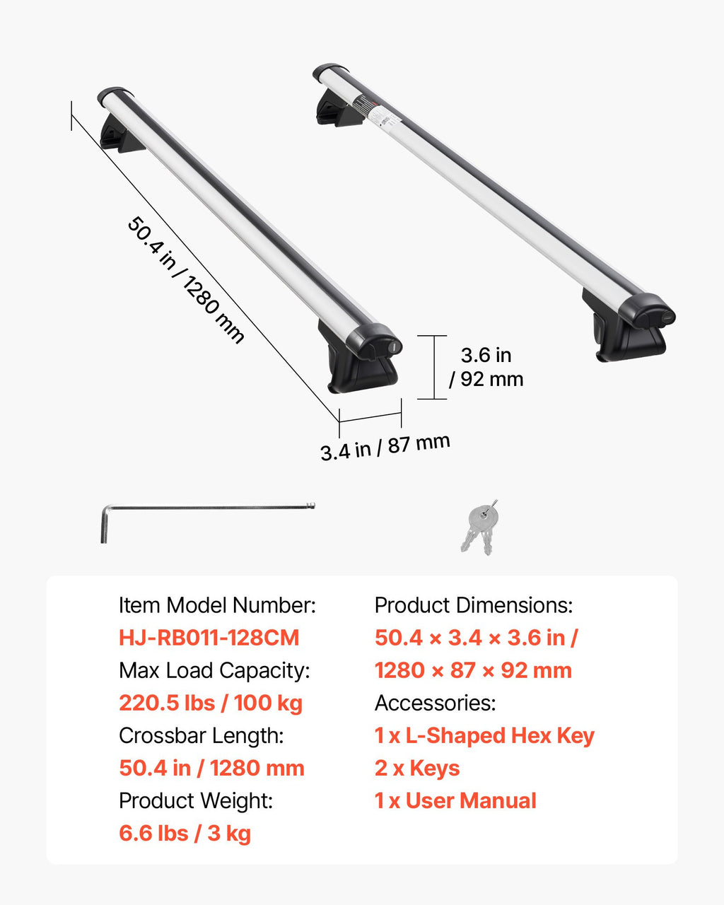 Stogo bagažinės skersiniai VEVOR HJ-RB011-128CM, 100 kg keliamoji galia