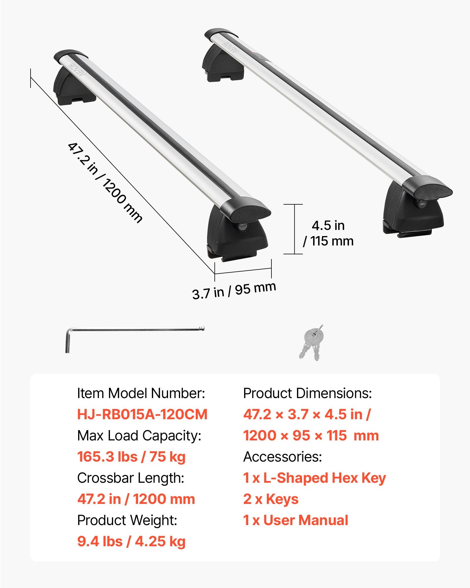 Stogo bagažinės skersiniai VEVOR HJ-RB015A-120CM, 75 kg keliamoji galia