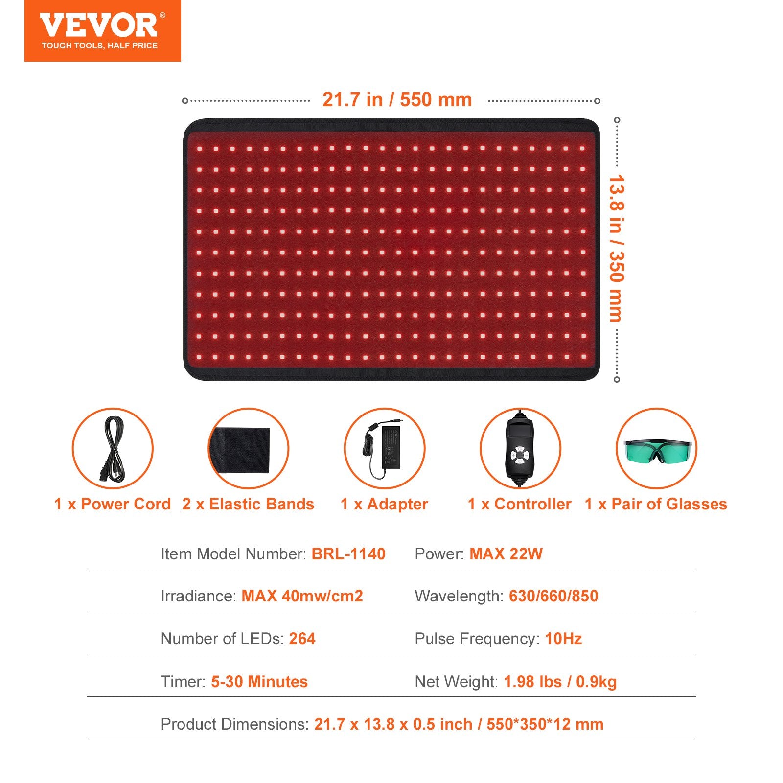Raudonos šviesos terapijos kilimėlis VEVOR BRL-1140, 264 LED