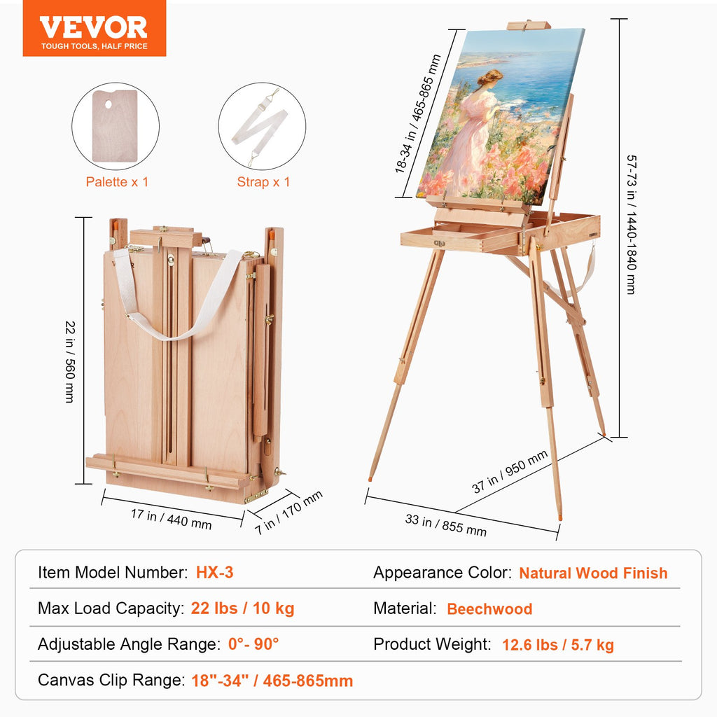 Prancūziškas molbertas-lagaminas VEVOR HX-3, iki 86,5 cm drobėms