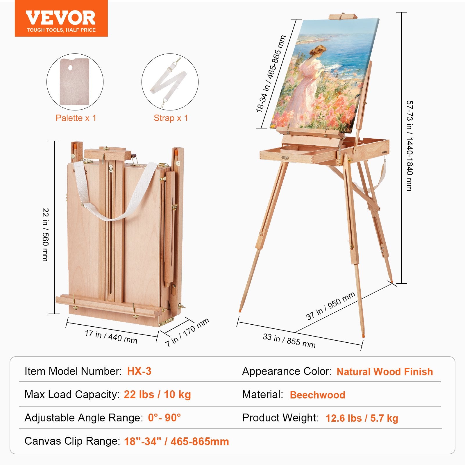 Prancūziškas molbertas-lagaminas VEVOR HX-3, iki 86,5 cm drobėms