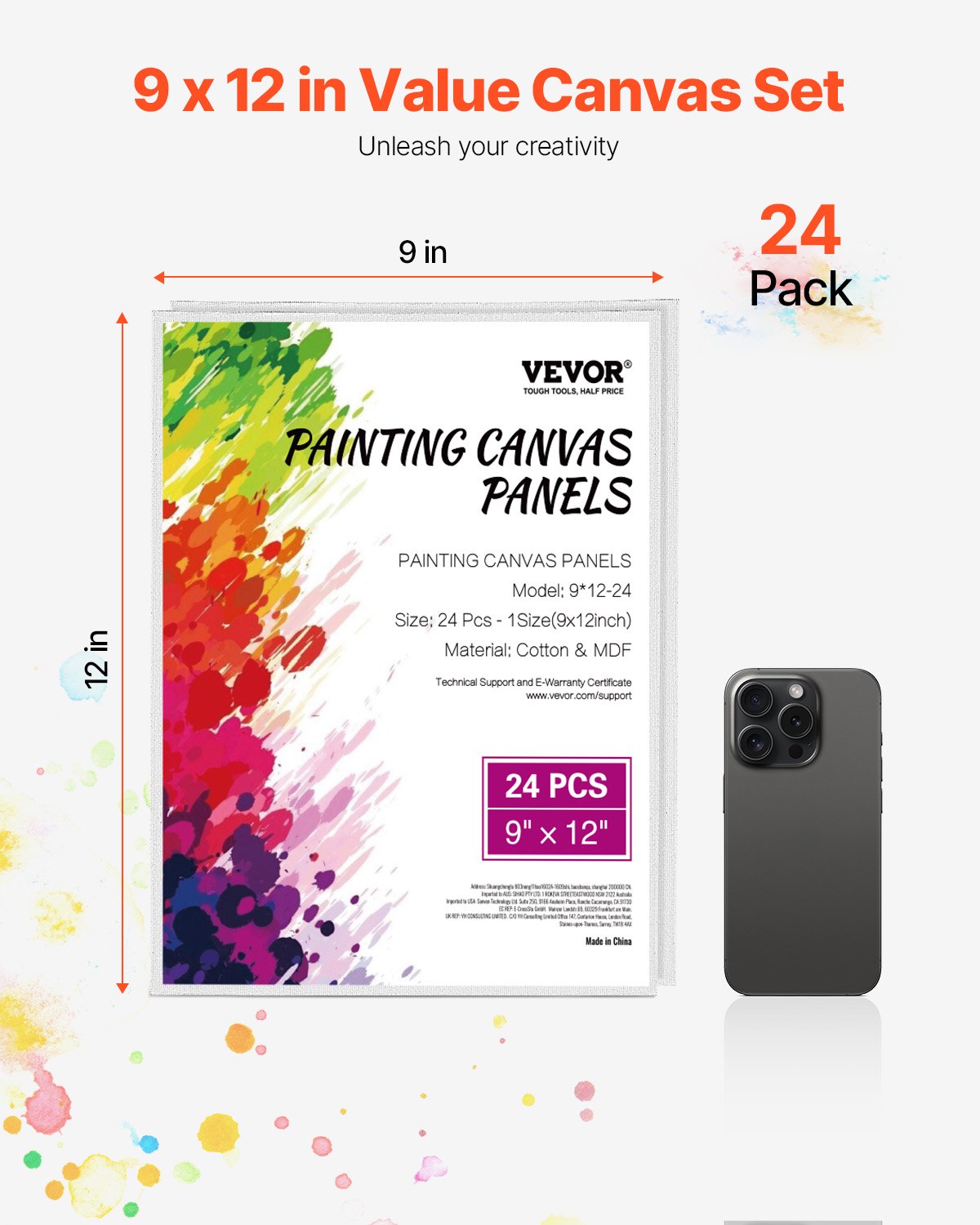 Drobės tapybai VEVOR 9x12 colių, 24 vnt. rinkinys
