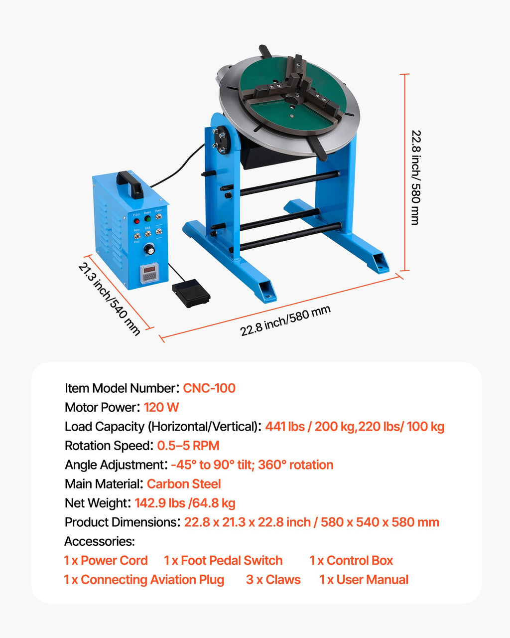 Rotacinis suvirinimo pozicionierius VEVOR CNC-100, 200 kg keliamoji galia