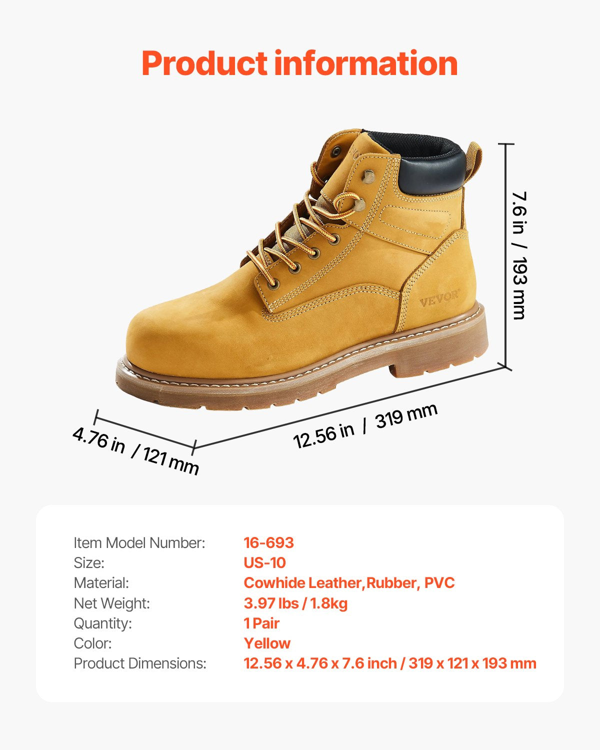 Darbo batai VEVOR 16-693, 43 dydis
