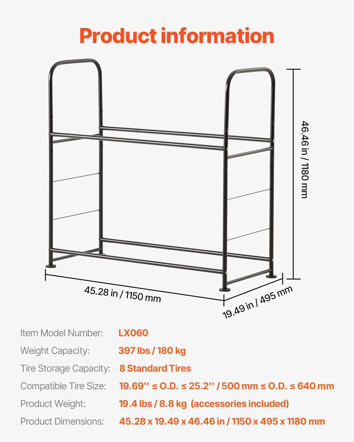 Padangų laikymo stelažas VEVOR LX060, 180 kg apkrova