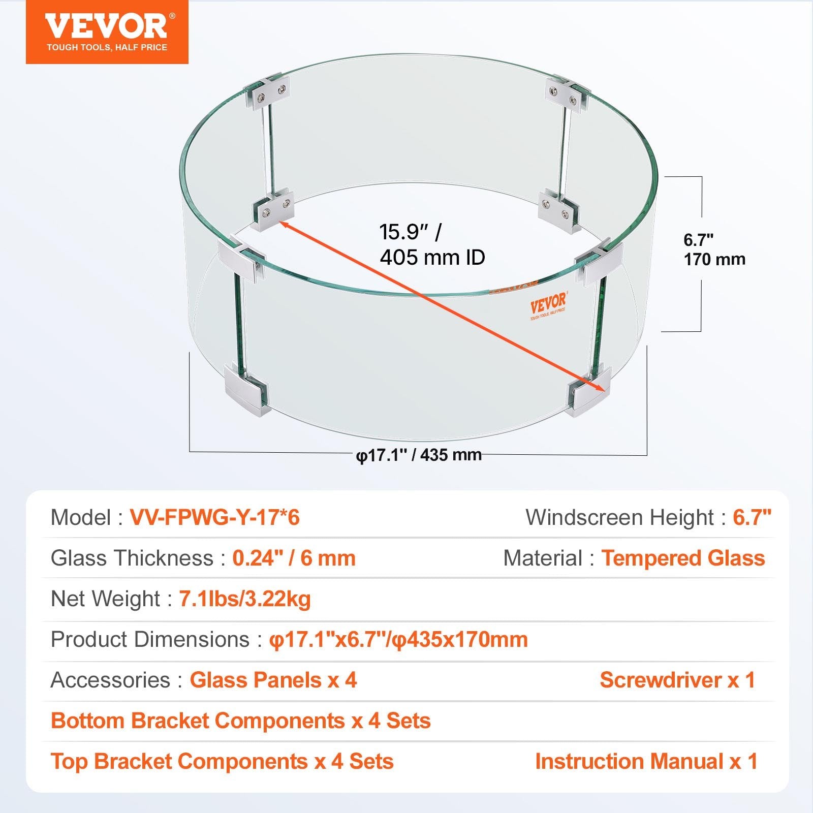 Lauko židinio apsauga nuo vėjo VEVOR VV-FPWG-Y-17*6, 435 x 170 mm