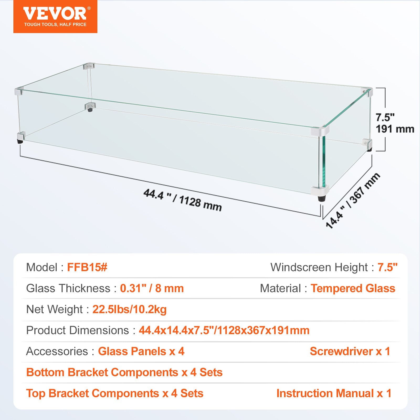 Stiklo apsauga nuo vėjo lauko židiniui VEVOR FFB15#, 1128 x 367 x 191 mm