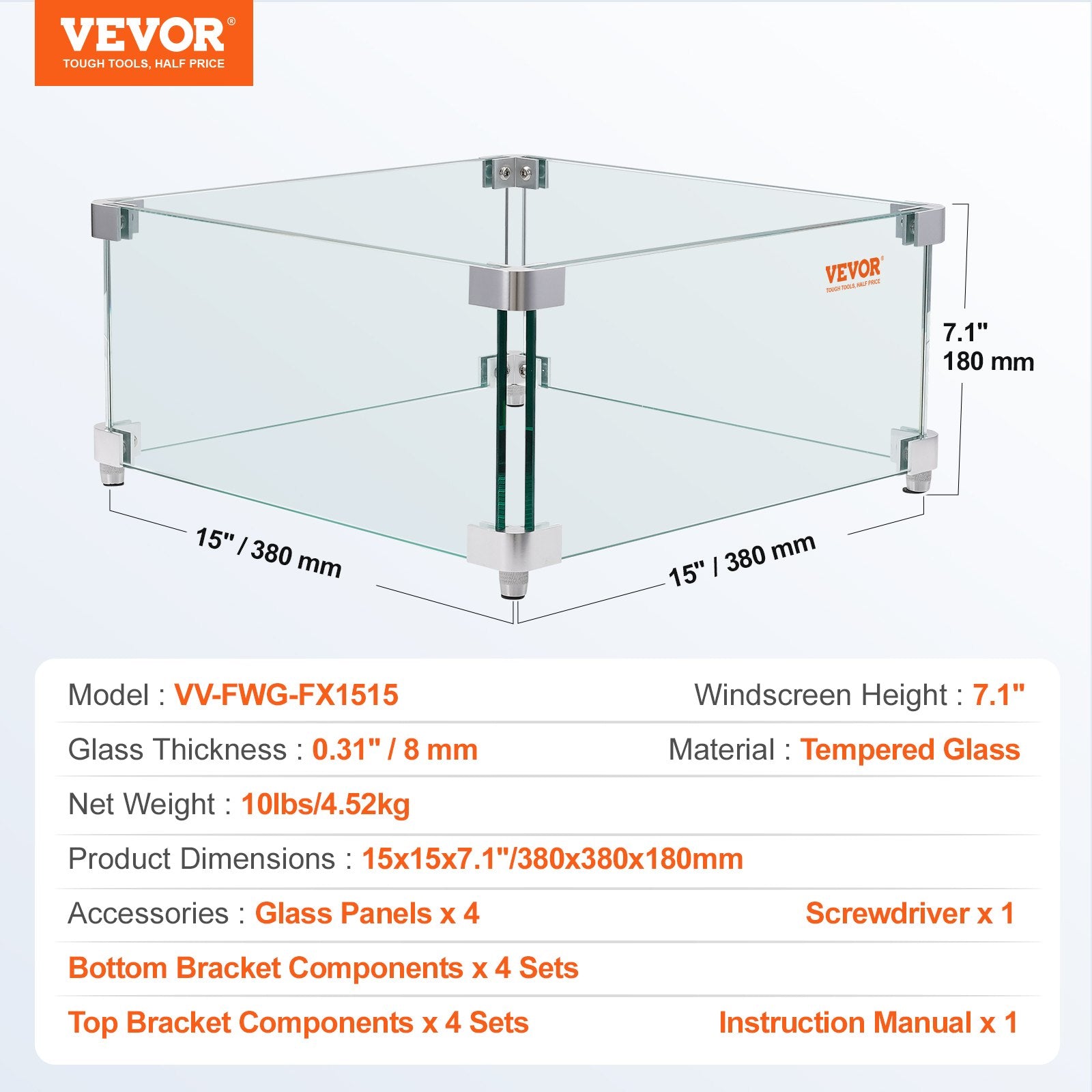 Lauko židinio apsauga nuo vėjo VEVOR VV-FWG-FX1515, 380 x 380 x 180 mm