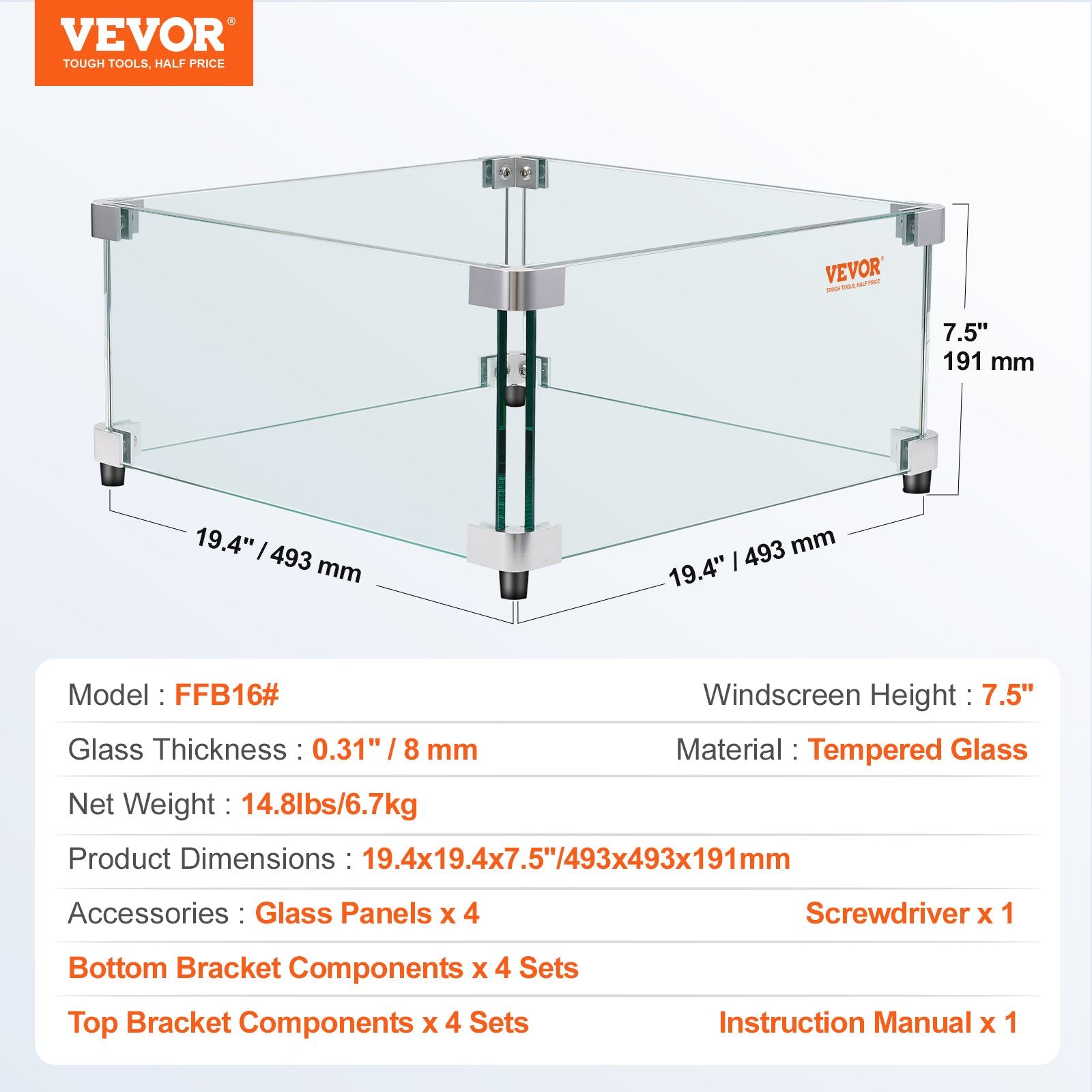 Lauko židinio apsauga nuo vėjo VEVOR FFB16#, 493 x 493 x 191 mm