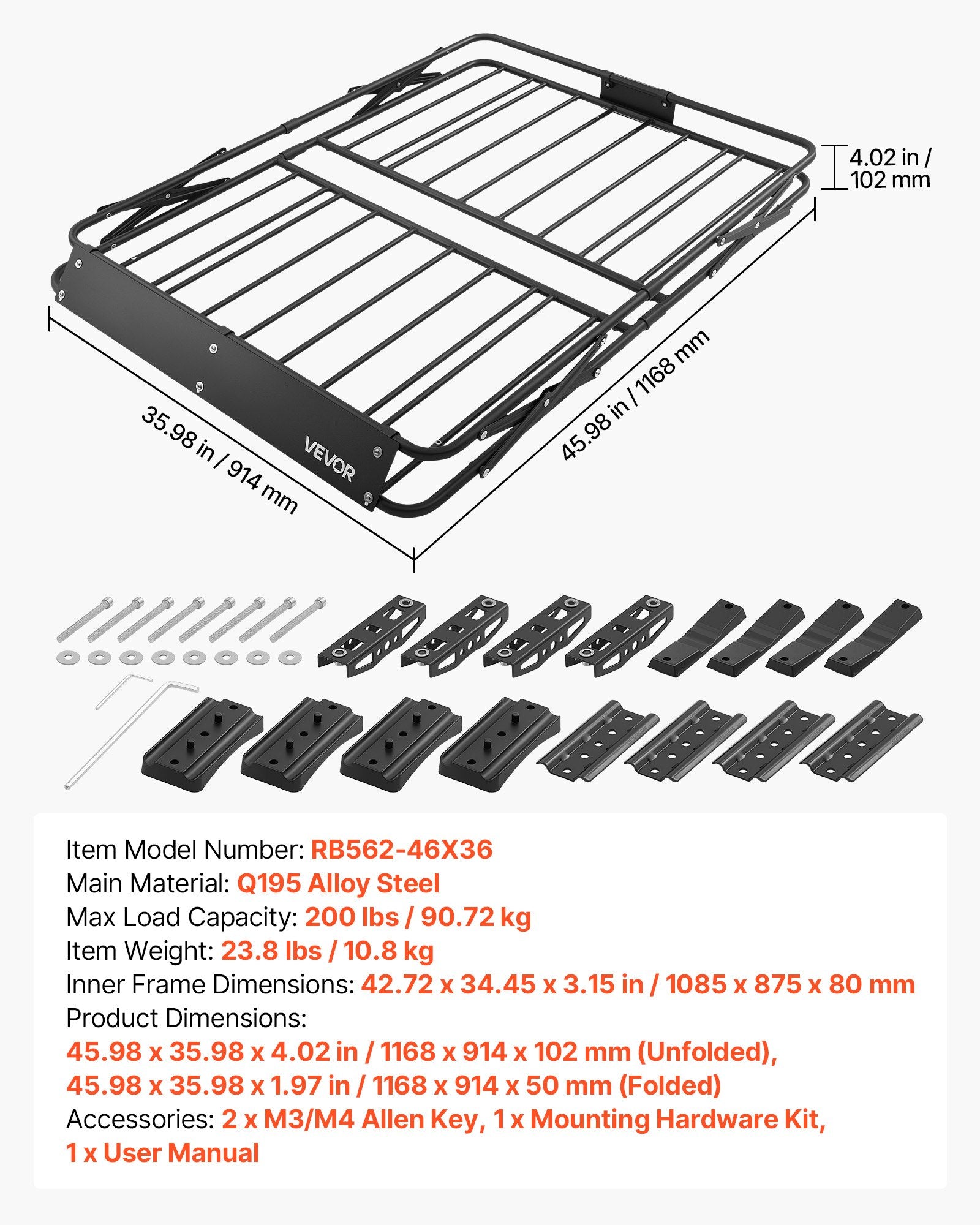 Stogo bagažinė-krepšys VEVOR RB562-46X36, 90,72 kg keliamoji galia
