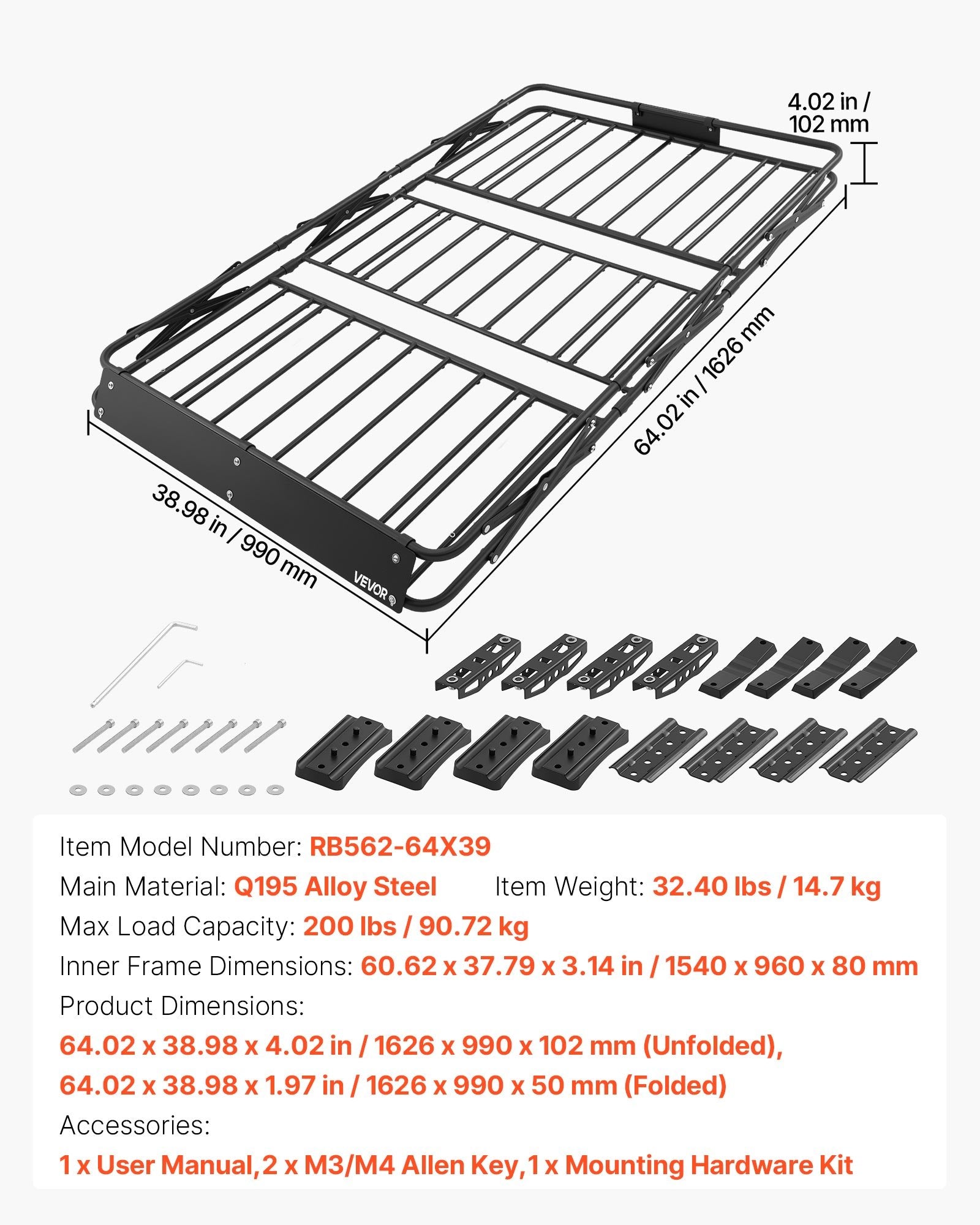 Stogo bagažinės krepšys VEVOR RB562-64X39, 90,72 kg keliamoji galia