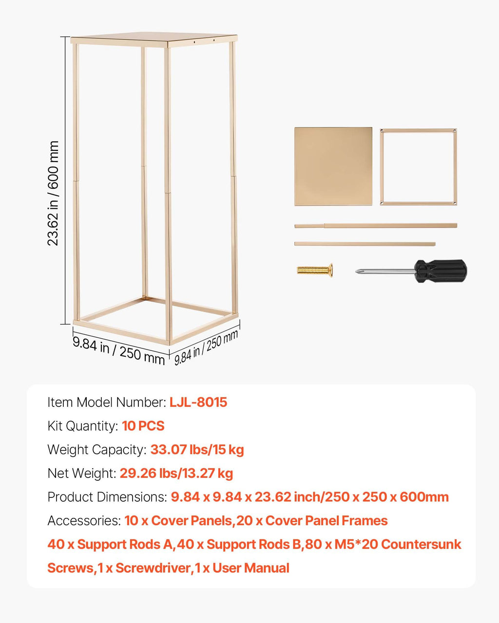 Vestuvinių gėlių stovas VEVOR LJL-8015, 10 vnt., 60 cm