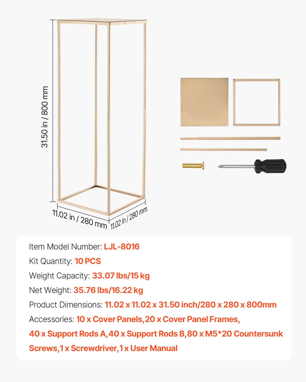 Vestuvinis gėlių stovas VEVOR LJL-8016, 10 vnt., 80 cm